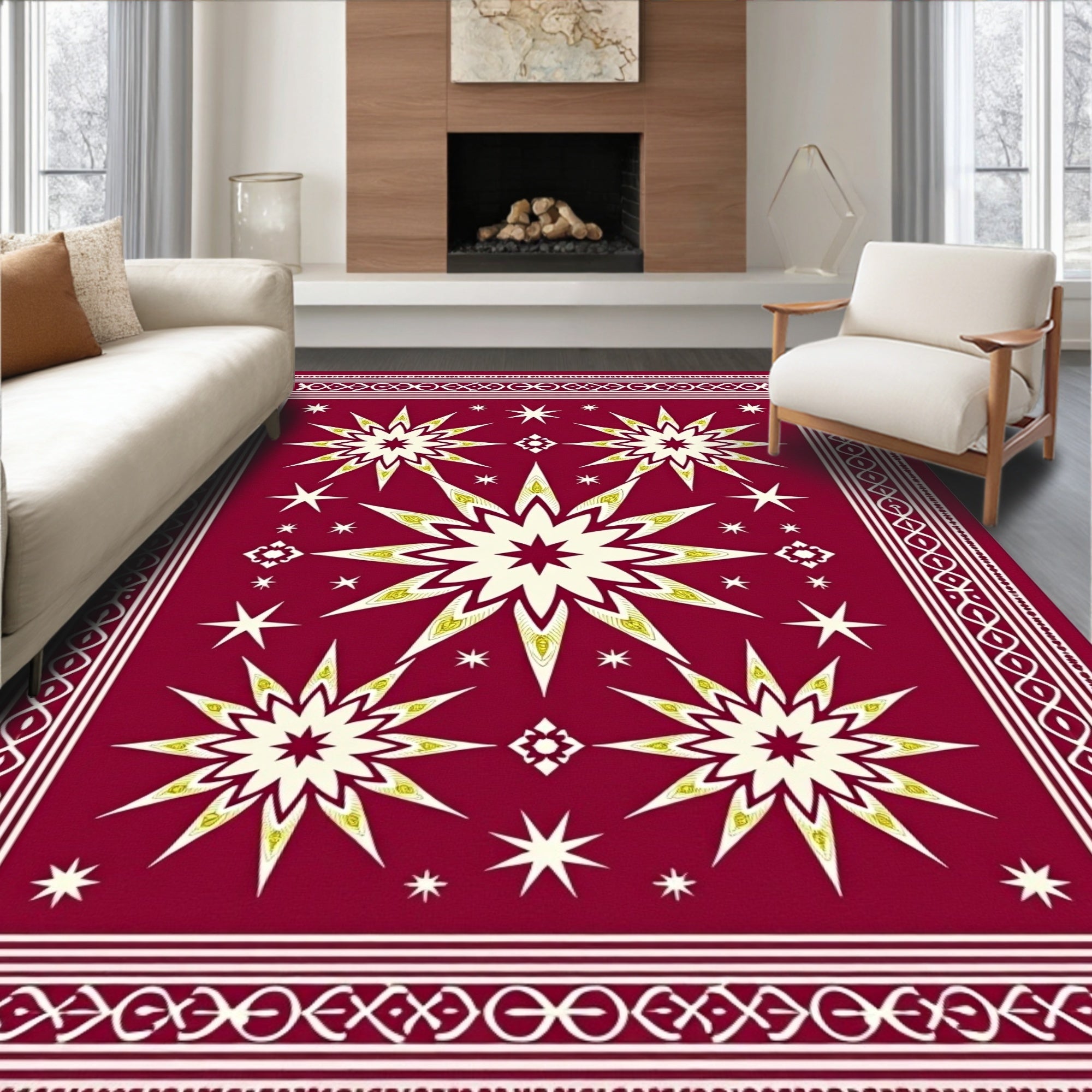 Crimson Starburst Geometric Border Rug