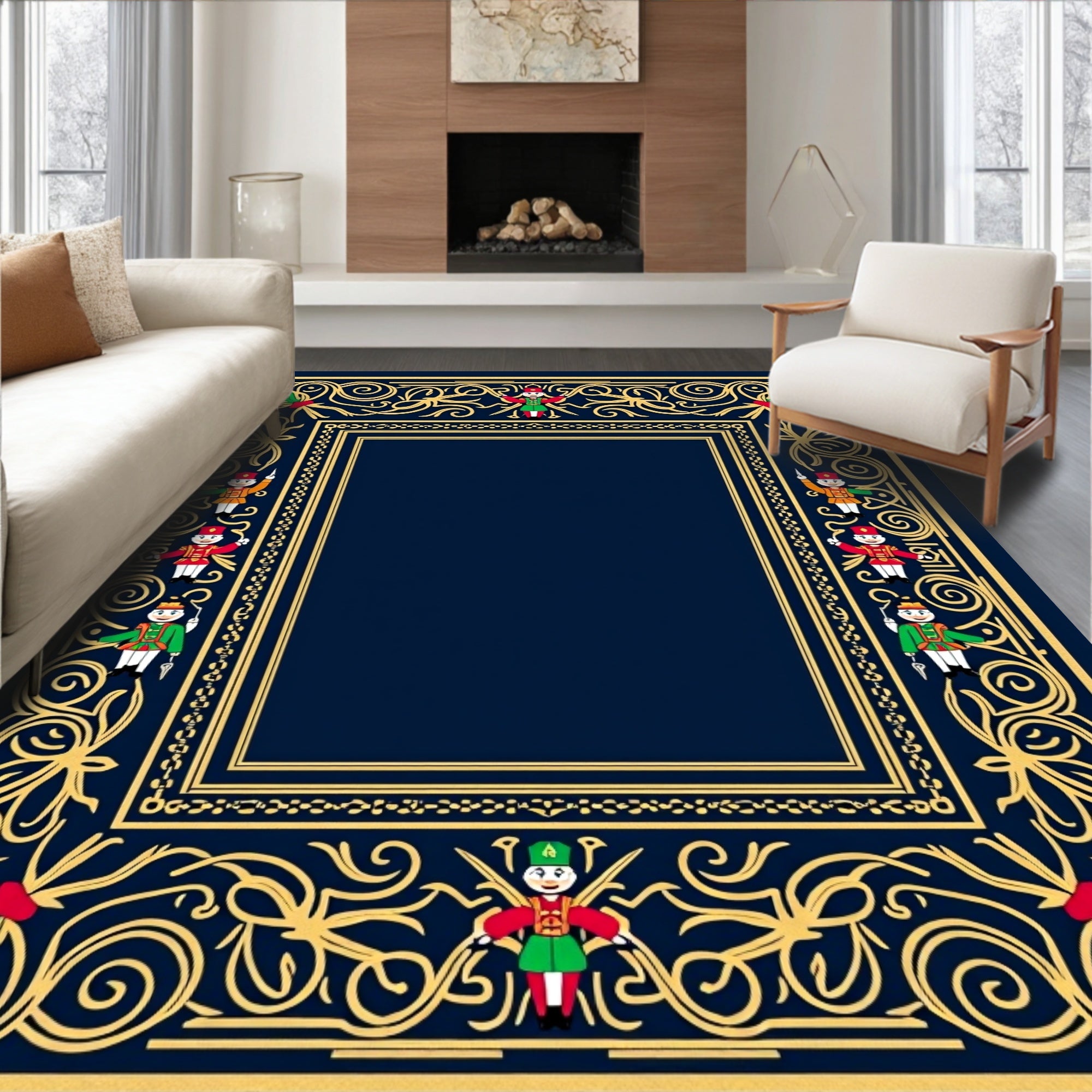 Ornate Navy Blue Soldier Border Rug