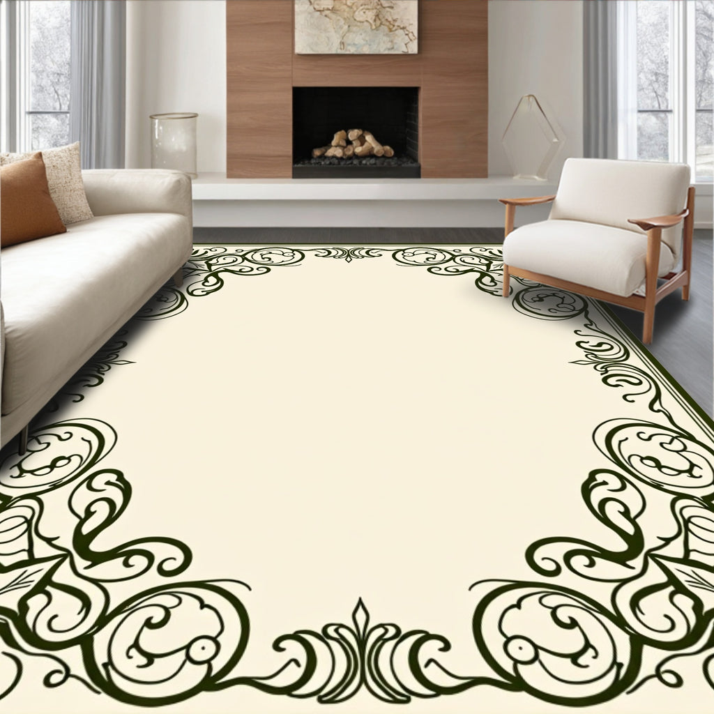 Ornate Dark Green Scrollwork Frame Rug