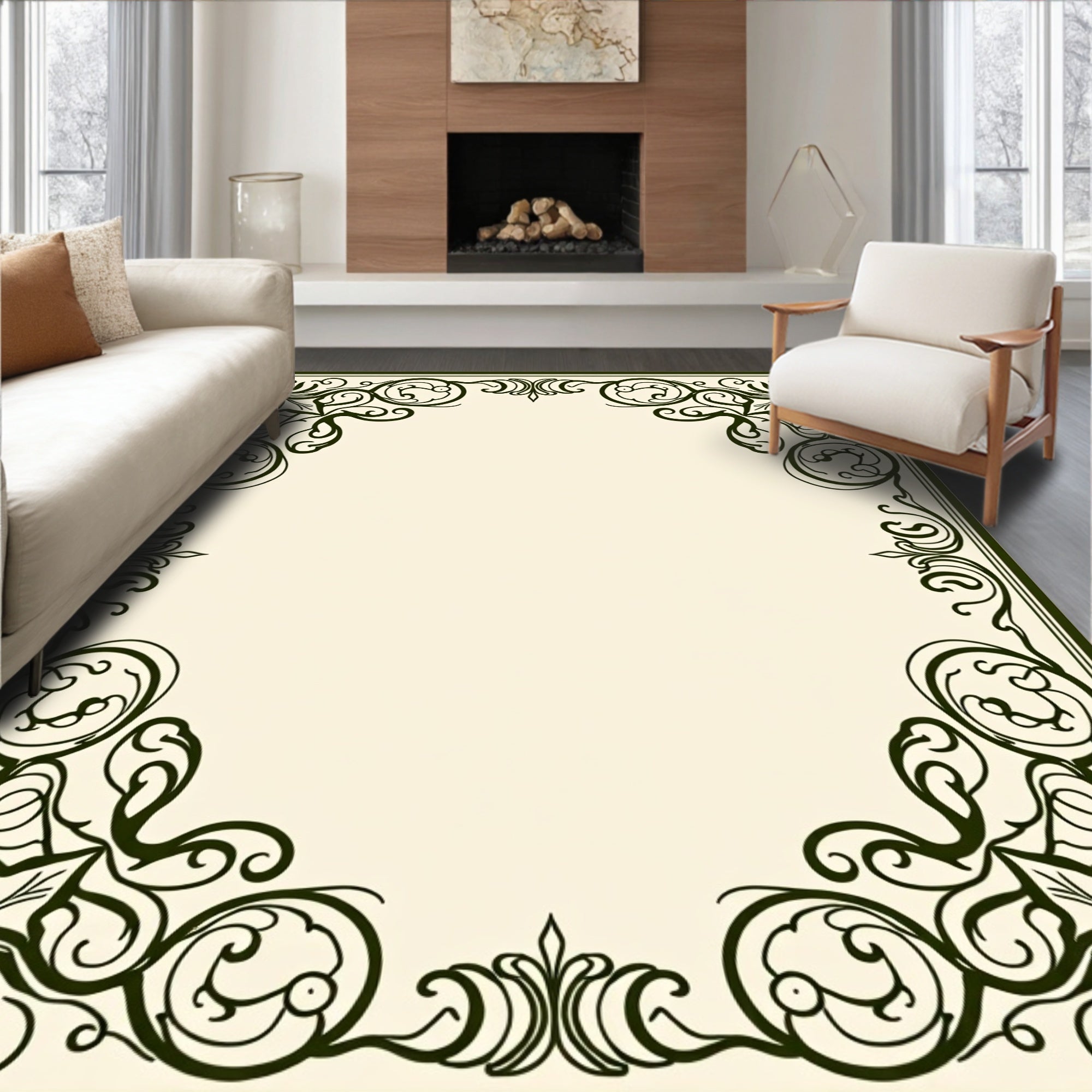Ornate Dark Green Scrollwork Frame Rug
