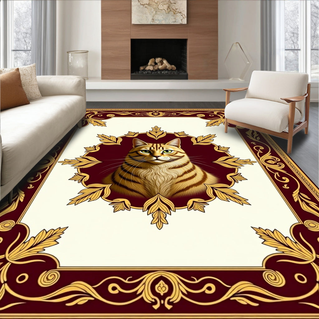 Regal Brown Striped Cat Emblem Rug