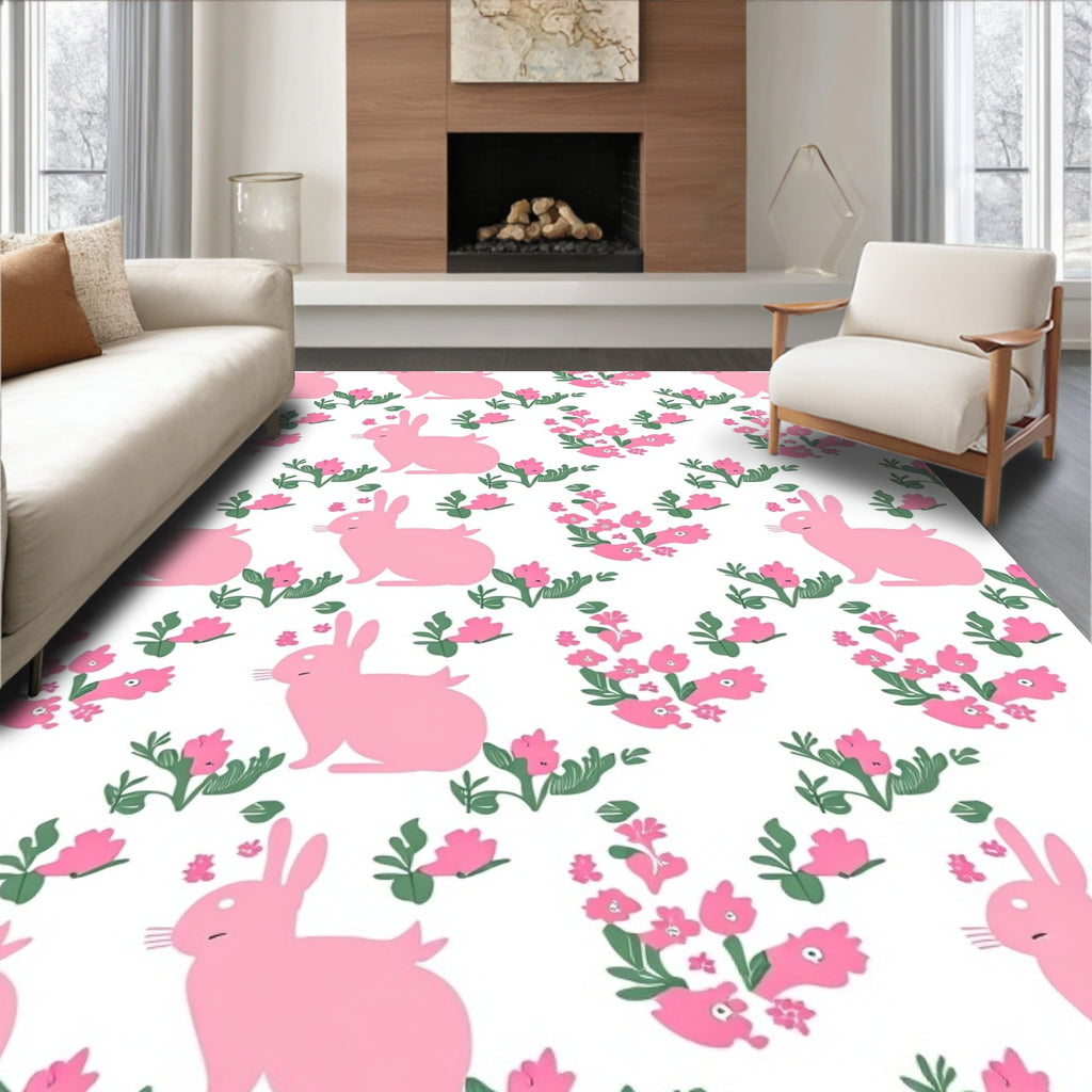 Pink Rabbit Floral Watercolor Rug