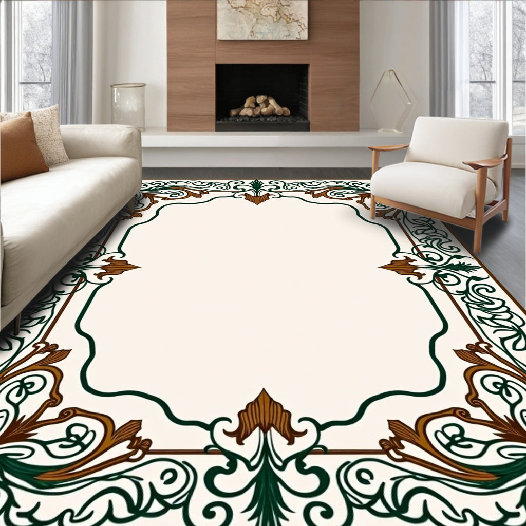 Ornate Green and Brown Scrollwork Border Rug