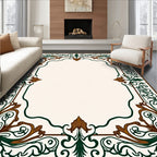 Ornate Green and Brown Scrollwork Border Rug