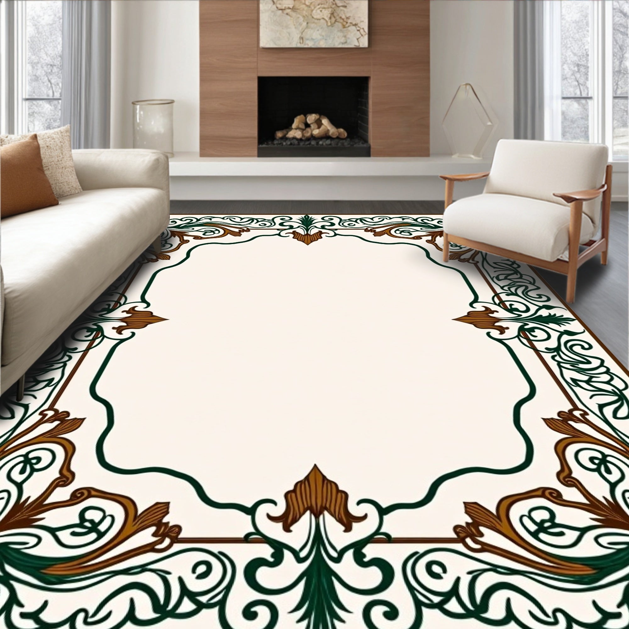 Ornate Green and Brown Scrollwork Border Rug