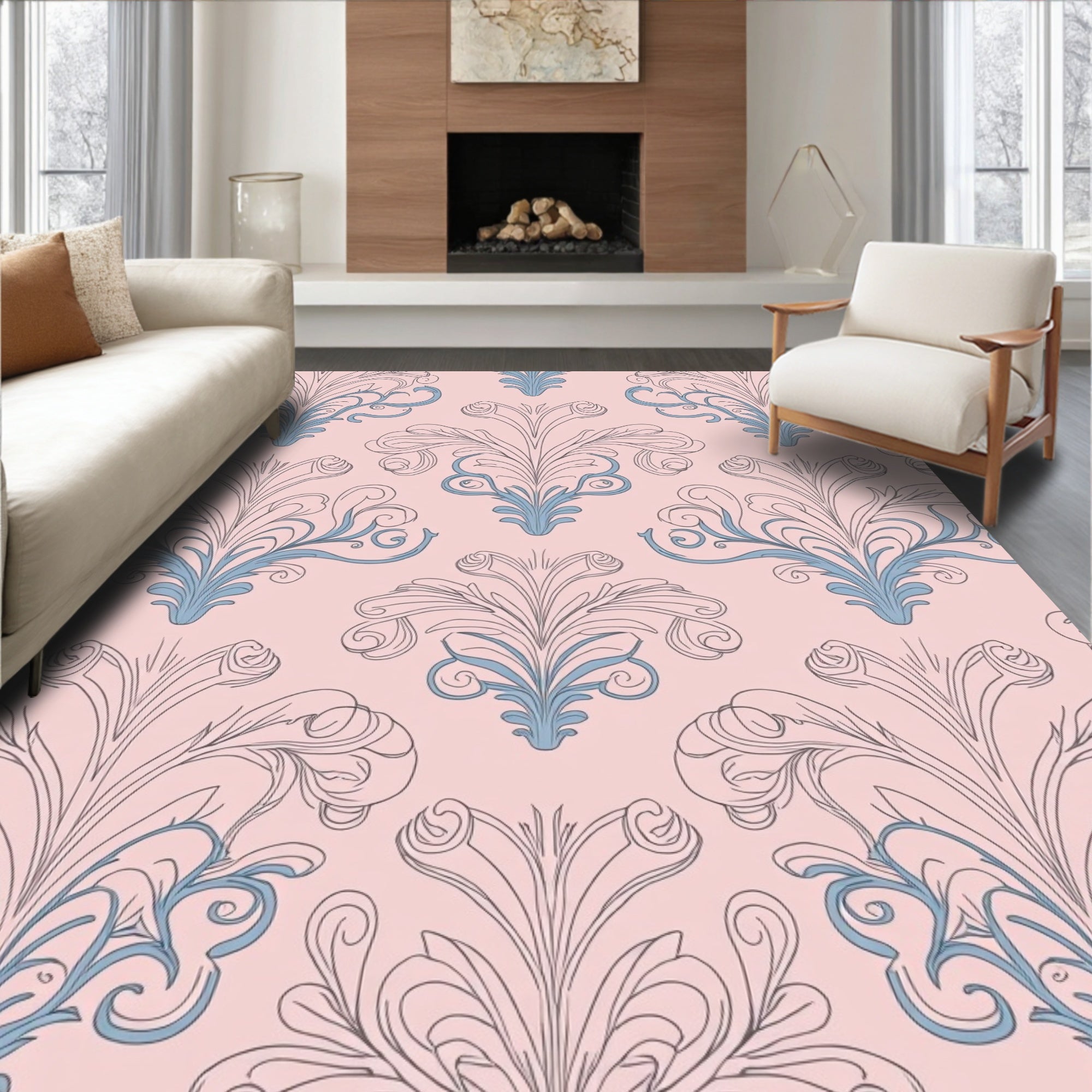 Pale Pink Blue Acanthus Scrolls Rug