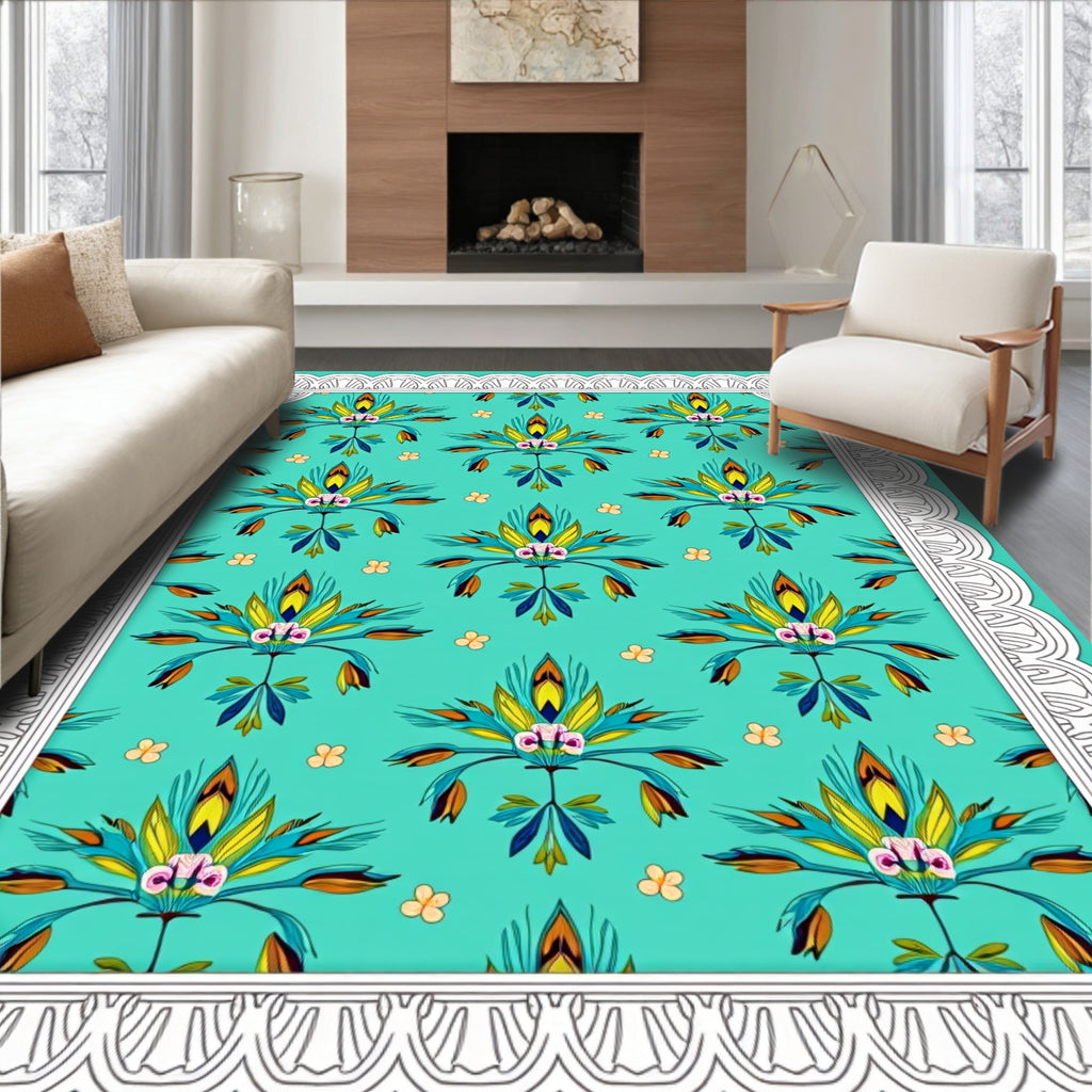 Teal Floral Medallion White Border Rug