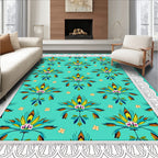 Teal Floral Medallion White Border Rug