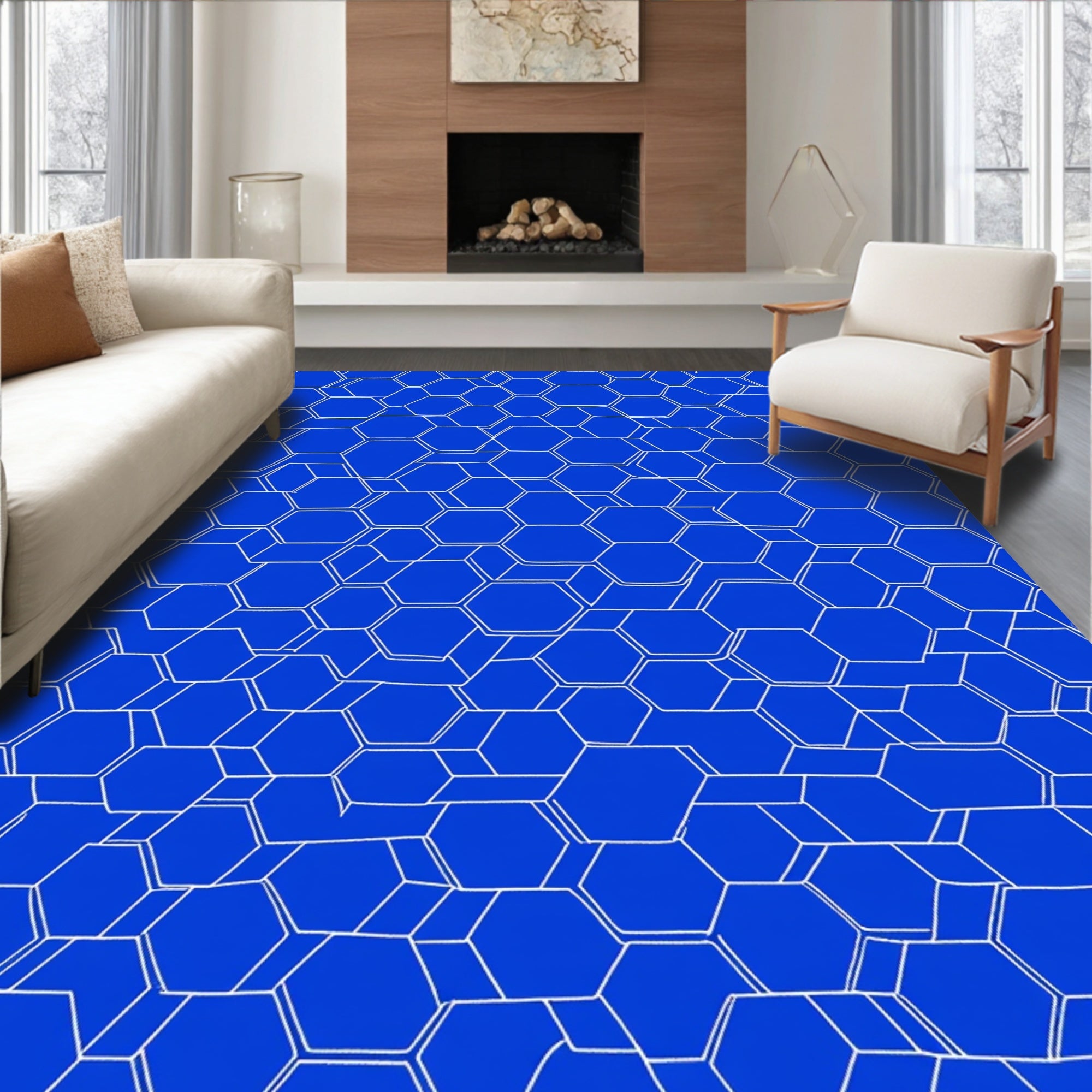 Electric Blue White Hexagonal Grid Rug