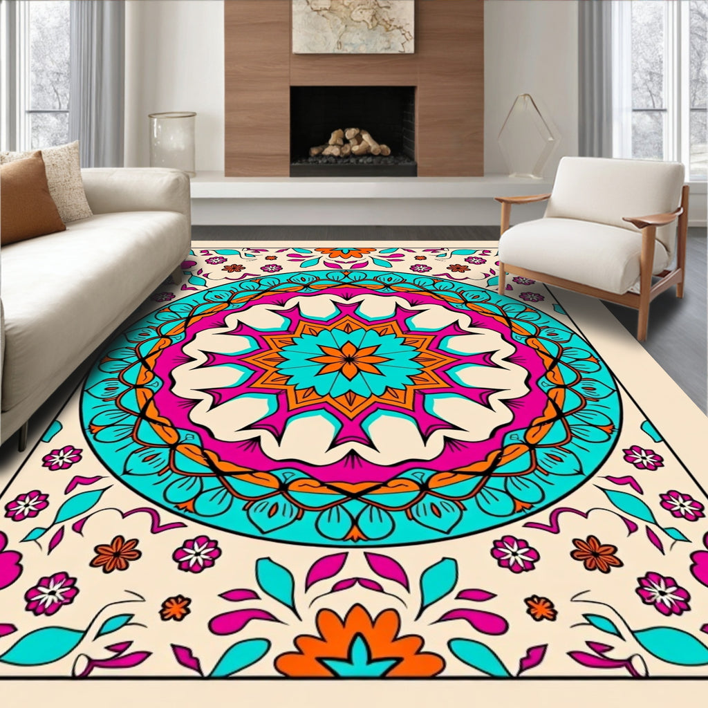Bright Teal Pink Mandala Floral Accents Rug