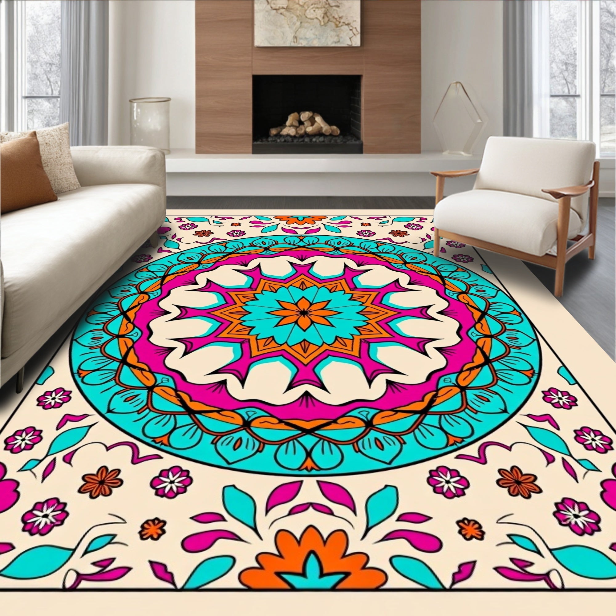 Bright Teal Pink Mandala Floral Accents Rug