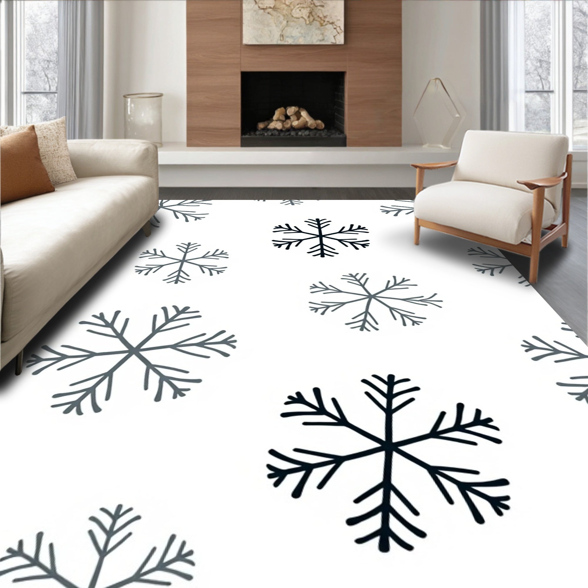 Dark Gray Snowflakes Scattered White Background Rug