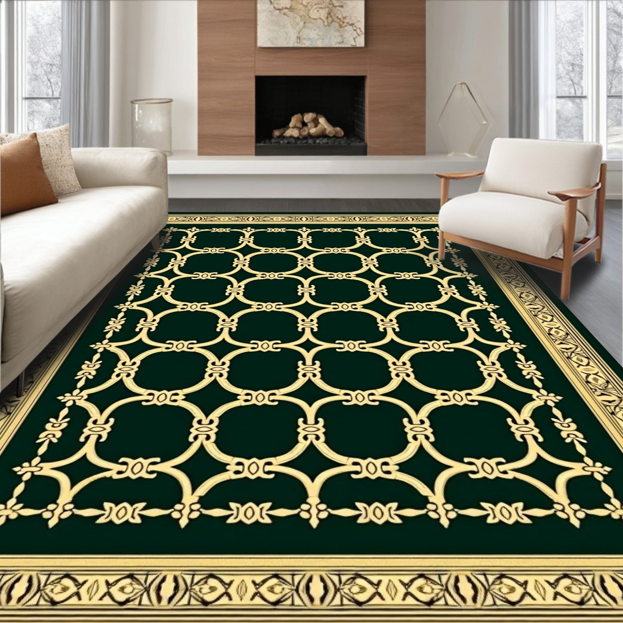 Golden Interlocking Circles Bordered Rug