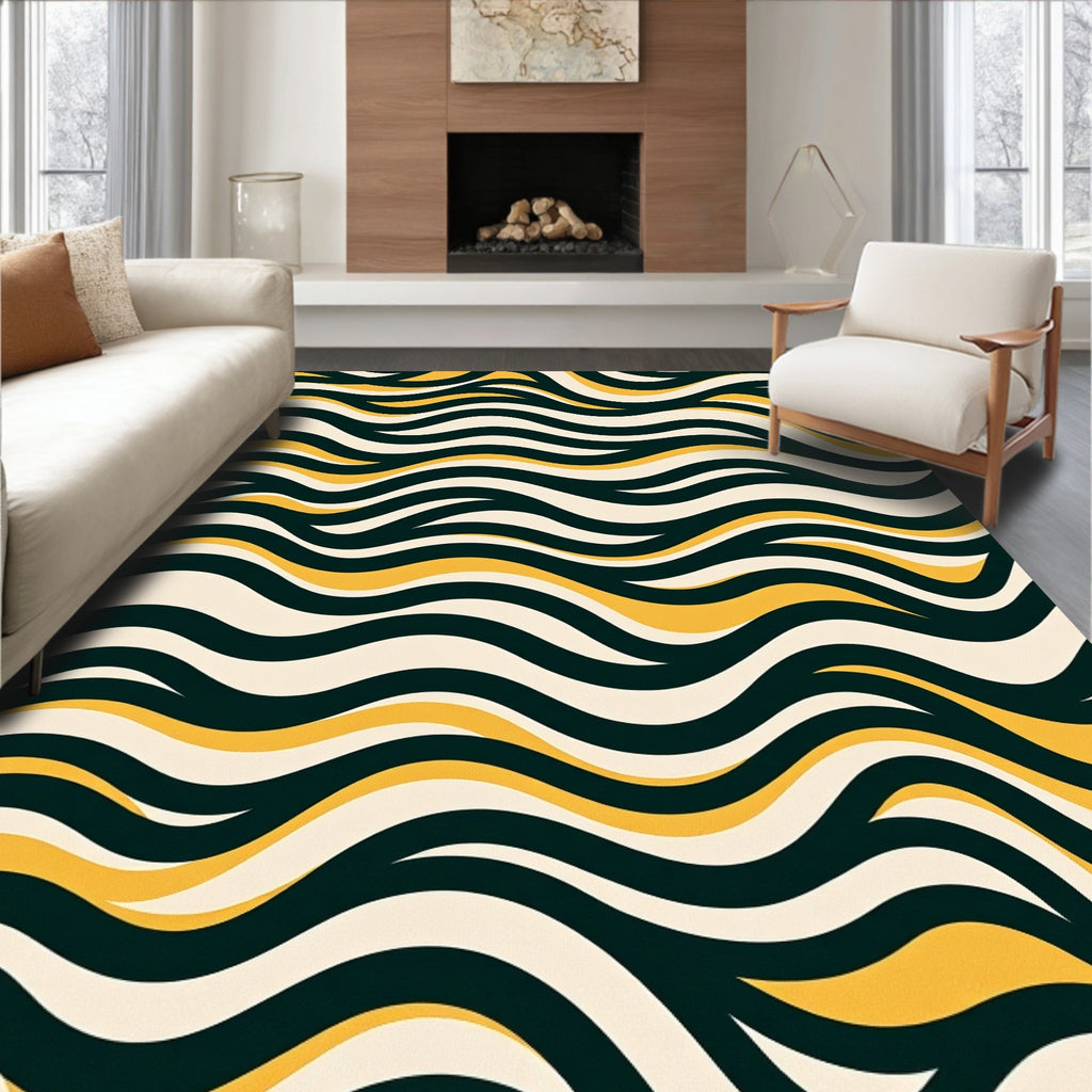 Retro Swirled Cream Yellow Wave Rug