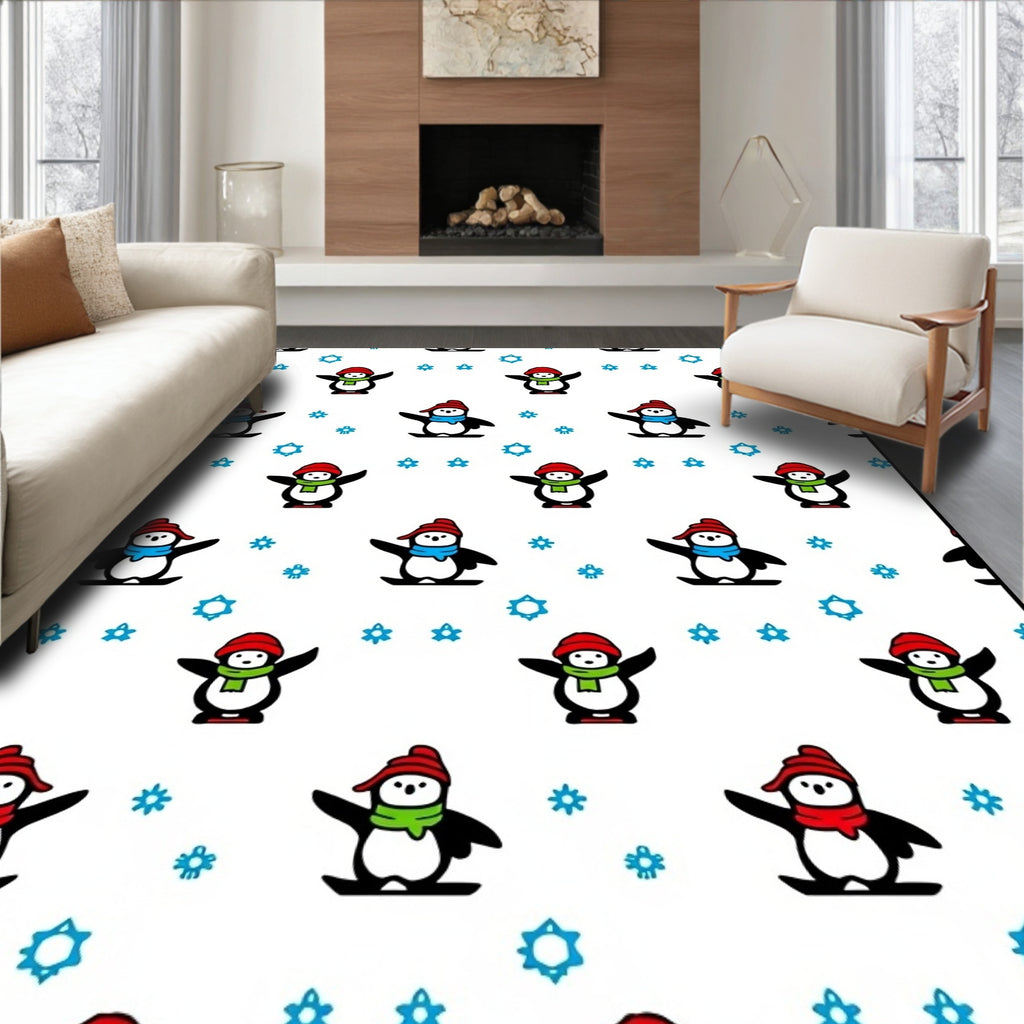 Whimsical Penguins With Snowflakes Theme Rug