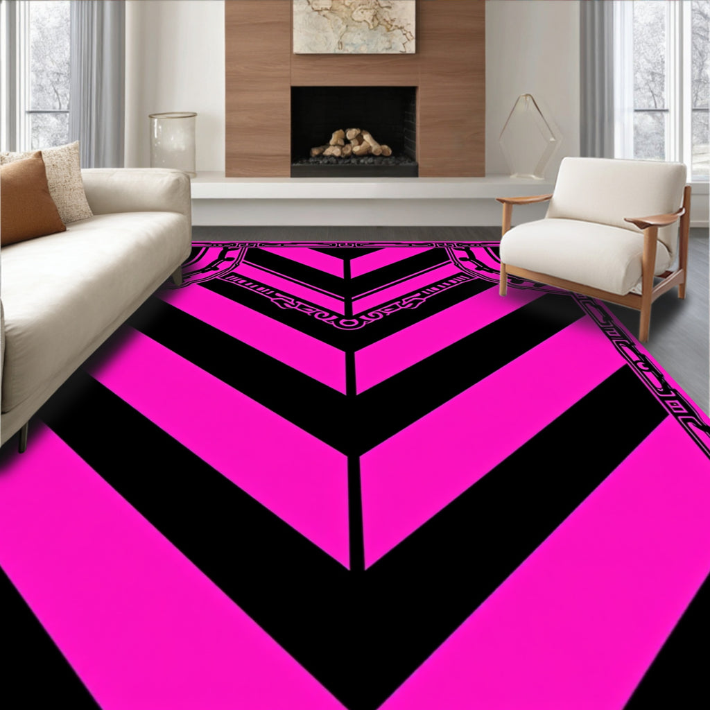 Bold Pink Black Chevron Geometric Frame Rug