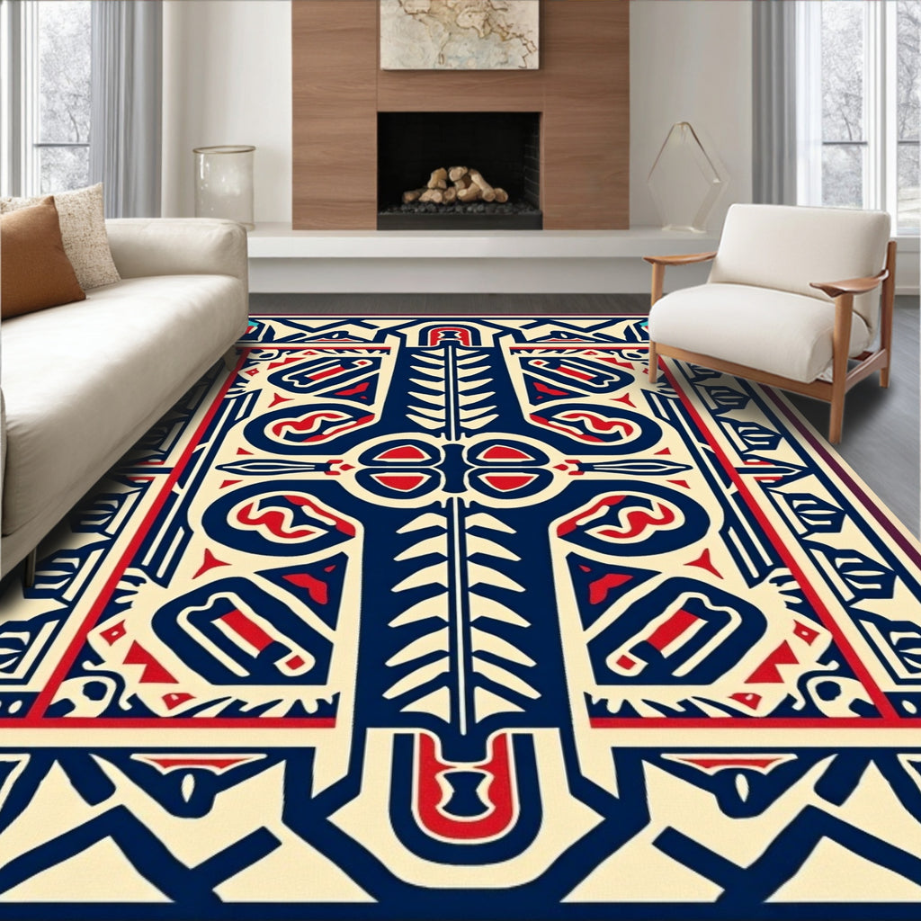 Bold Blue Red Ivory Geometric Symbol Rug