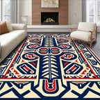 Bold Blue Red Ivory Geometric Symbol Rug