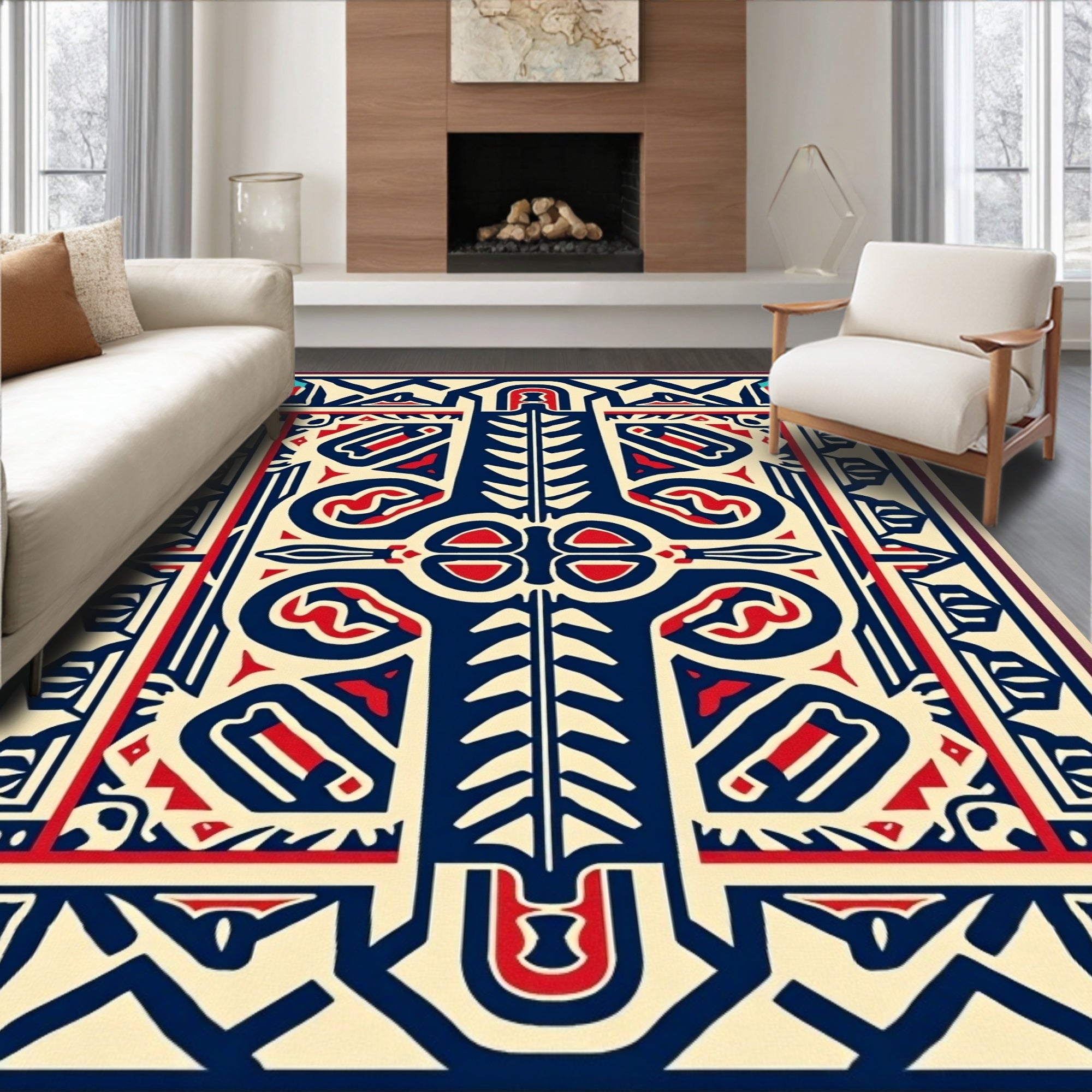 Bold Blue Red Ivory Geometric Symbol Rug