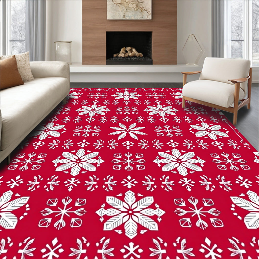 Crimson White Snowflake Blanket Stitch Rug