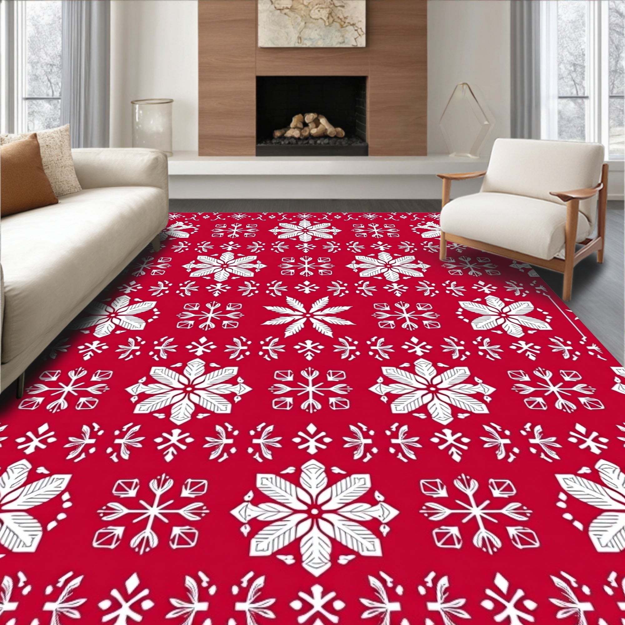 Crimson White Snowflake Blanket Stitch Rug