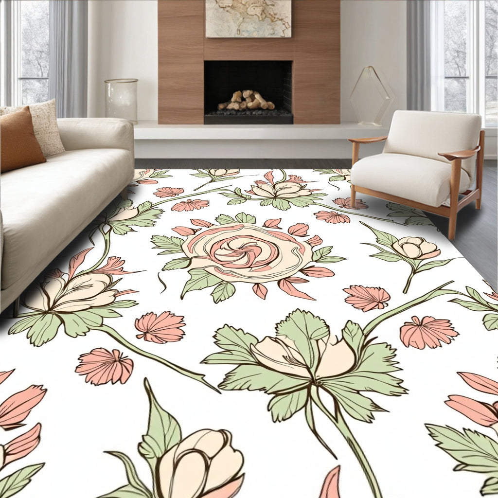 Soft Pink Pastel Floral Branch Outline Rug