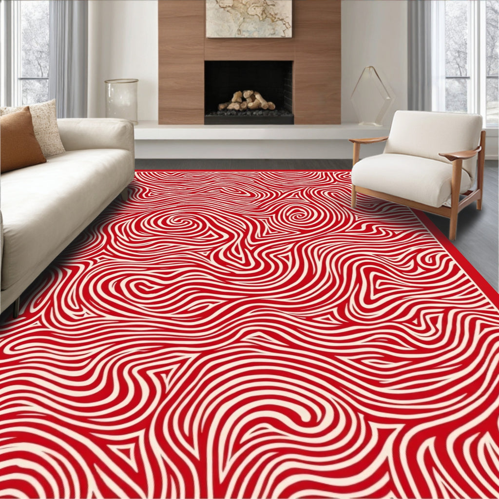 Crimson White Abstract Swirl Rug