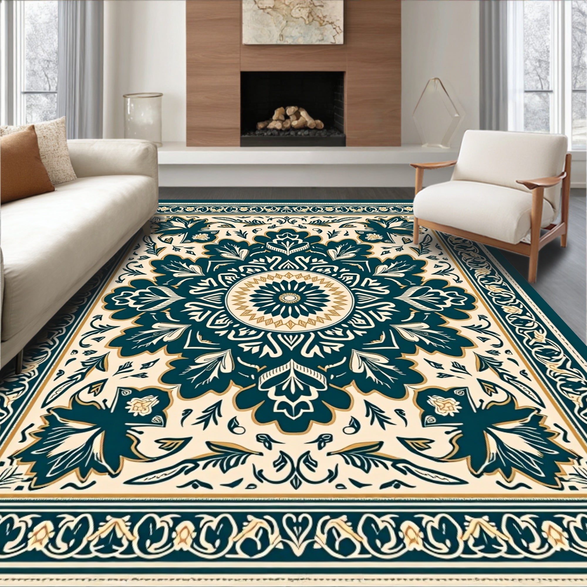 Teal Cream Floral Mandalas Rug