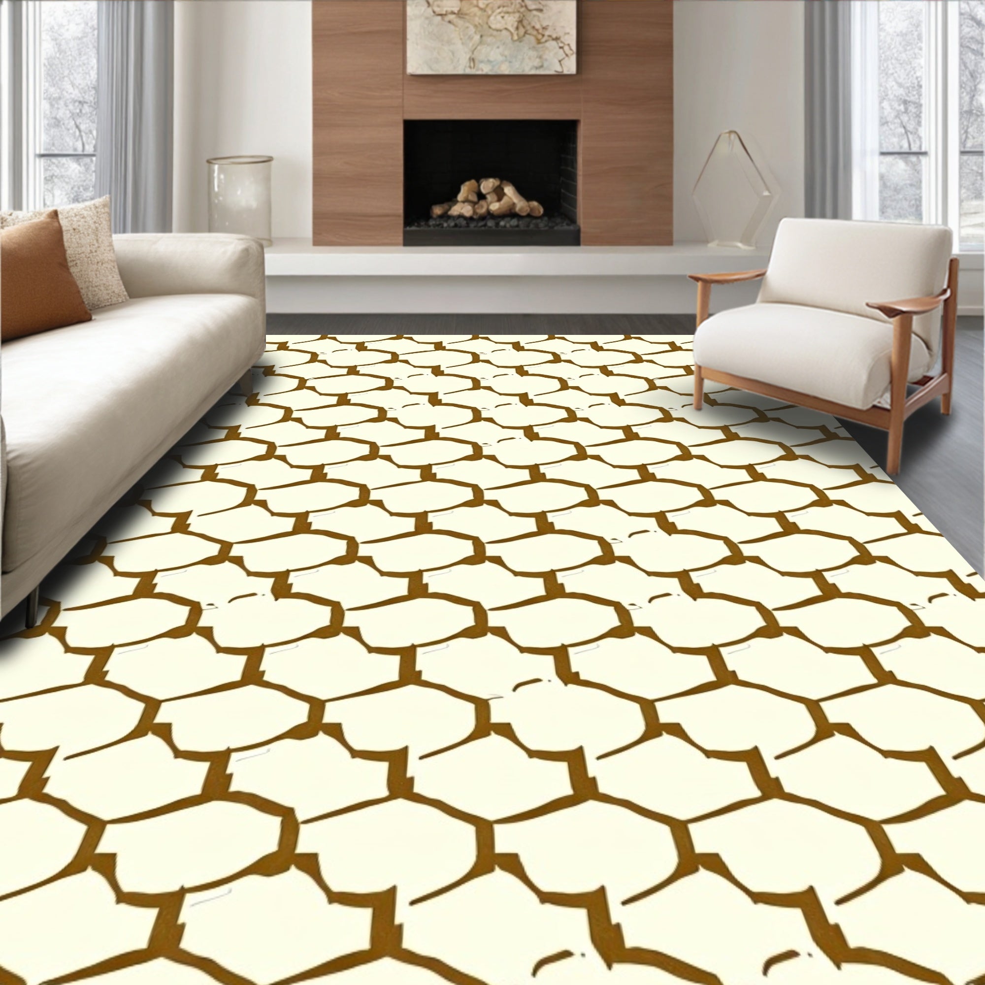 Golden Ochre Scattered Hexagon Texture Rug