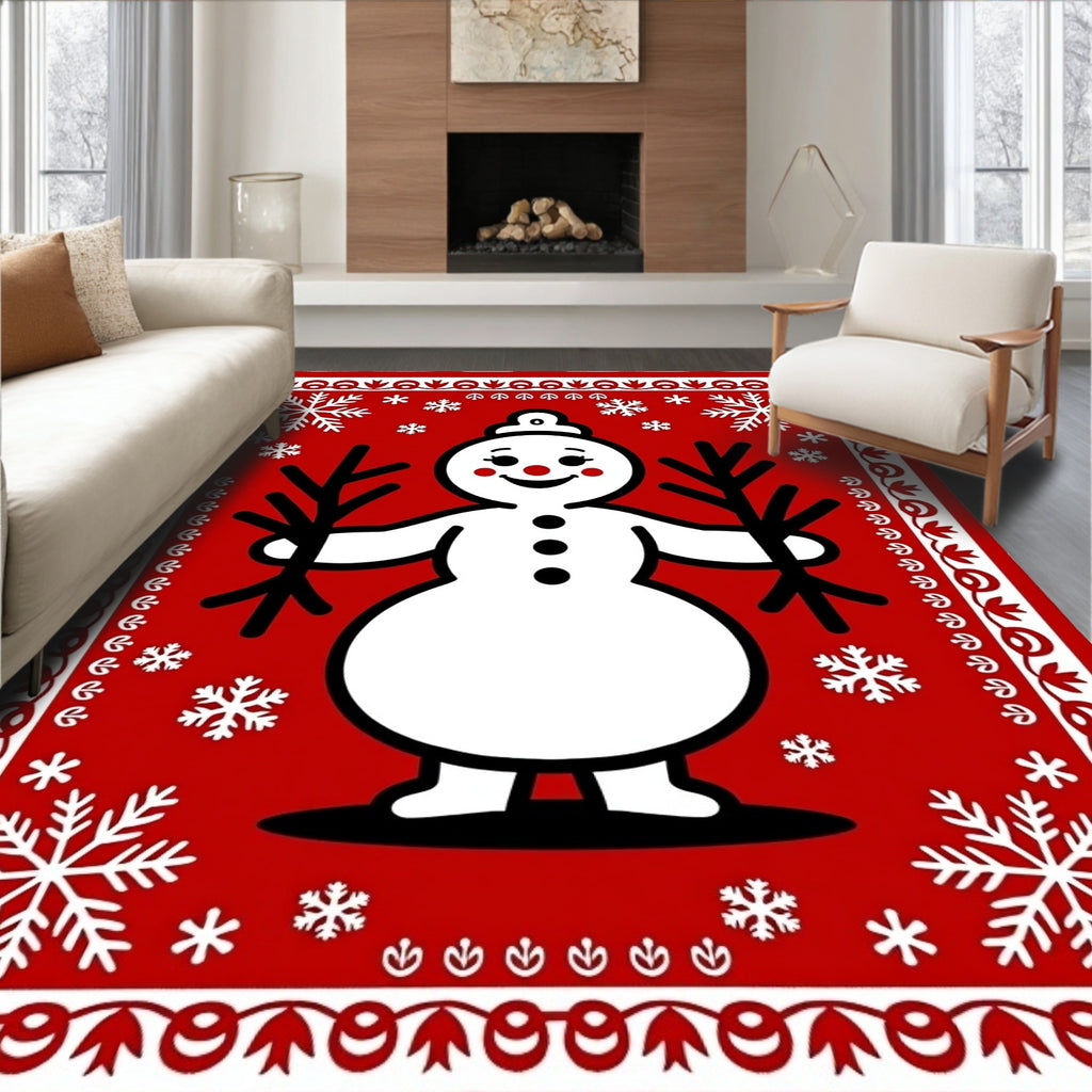 Festive Red Snowman Snowflake Border Rug