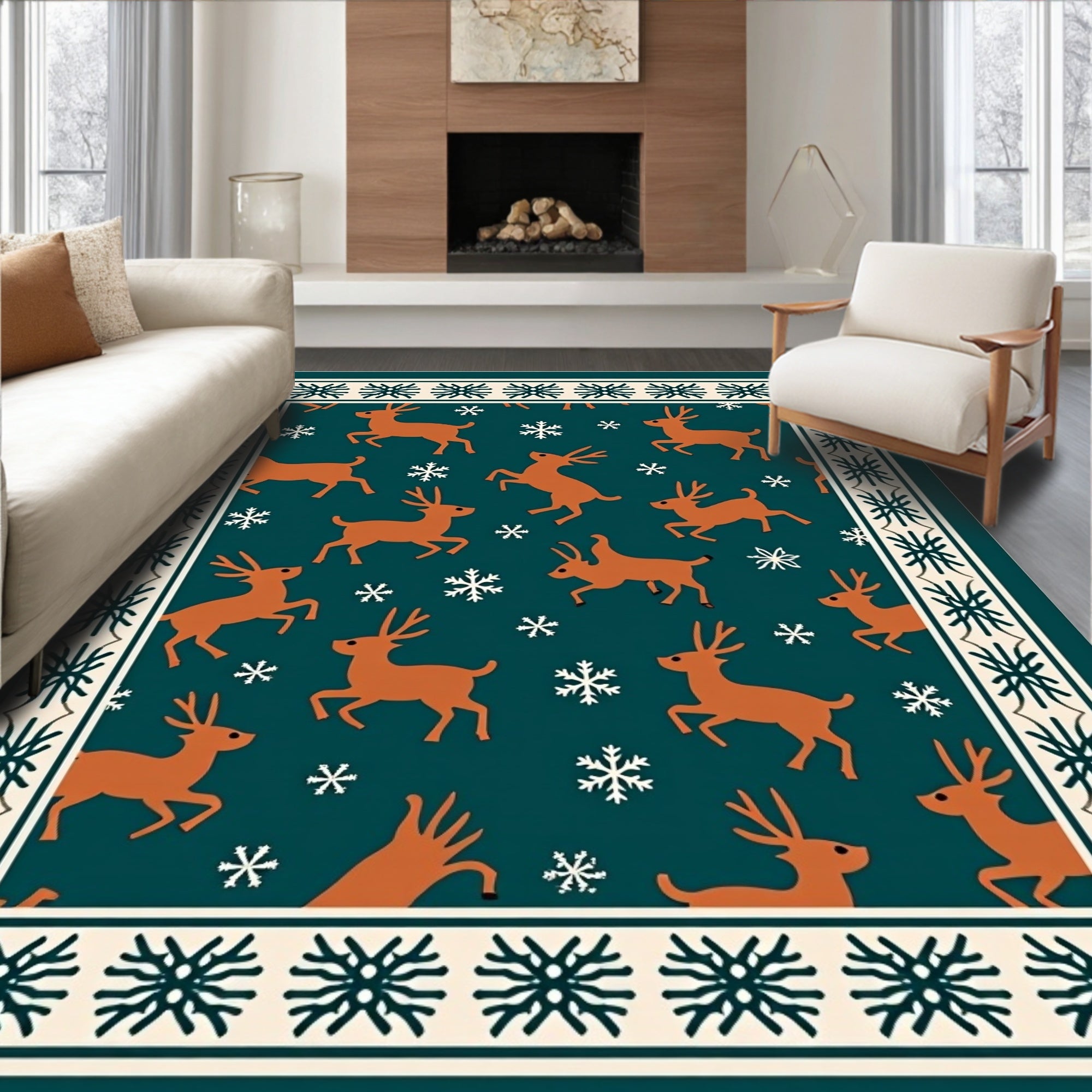 Rustic Copper Deer Snowflake Border Rug