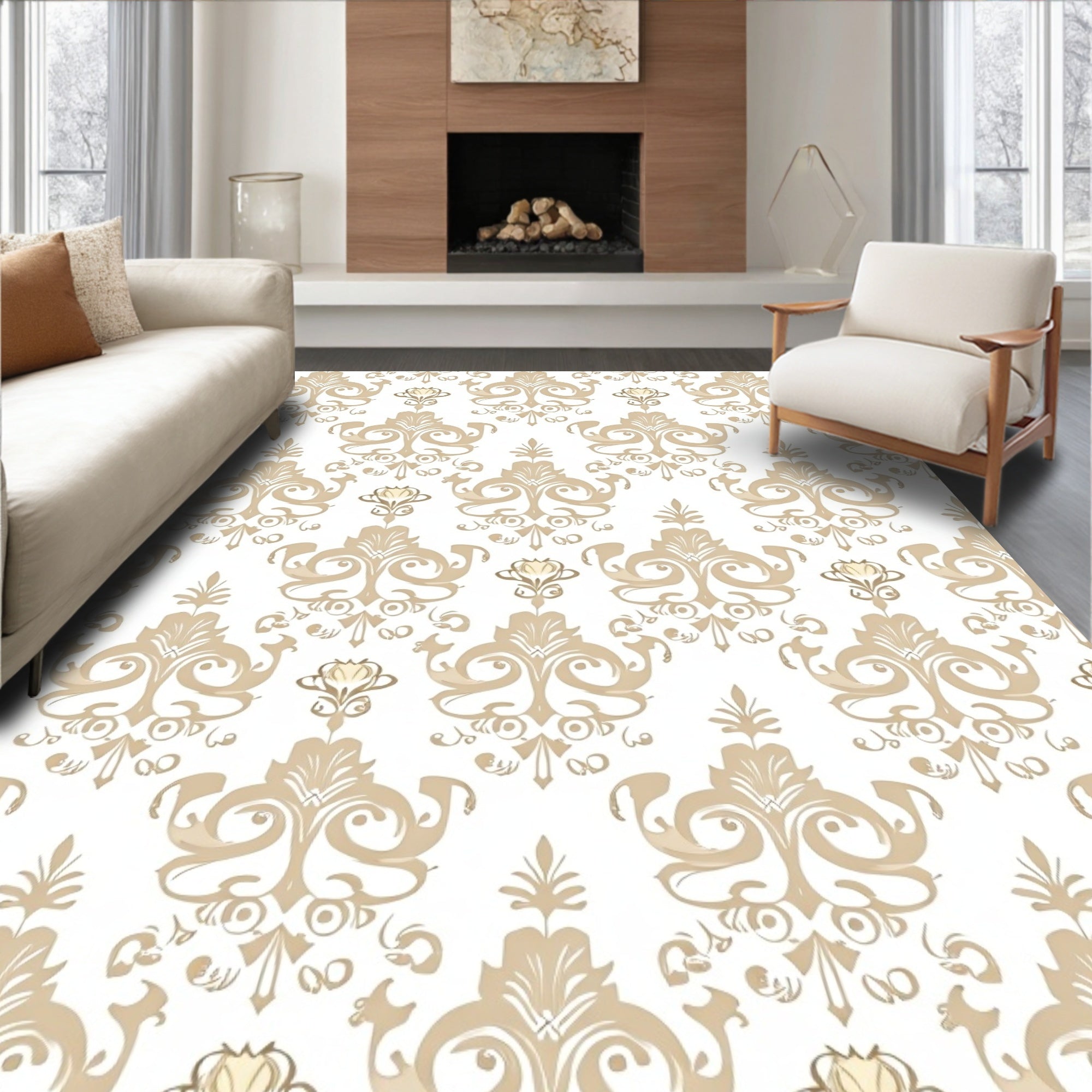 Classic Beige Formal Floral Damask Rug