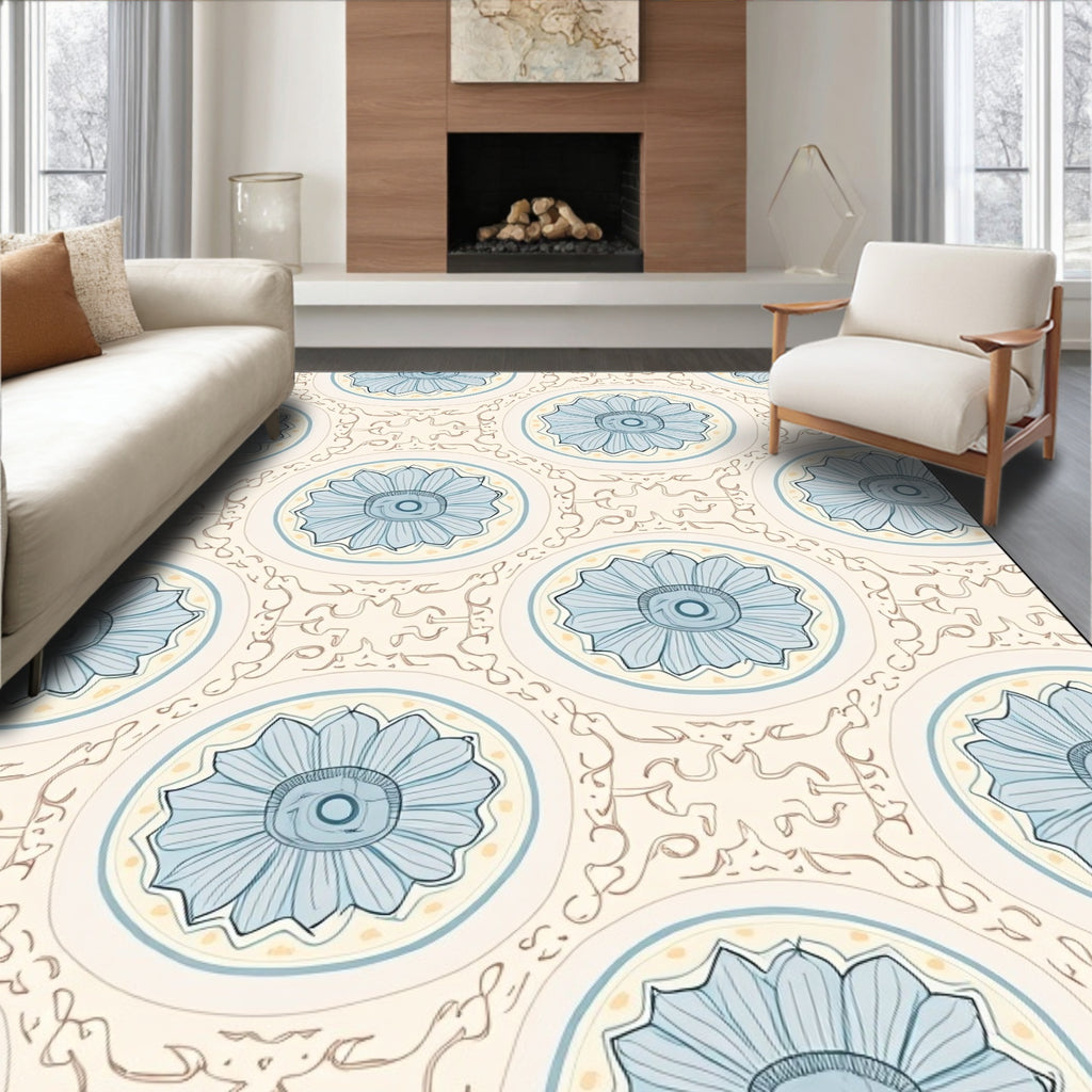 Pale Blue Floral Medallion Cream Background Rug