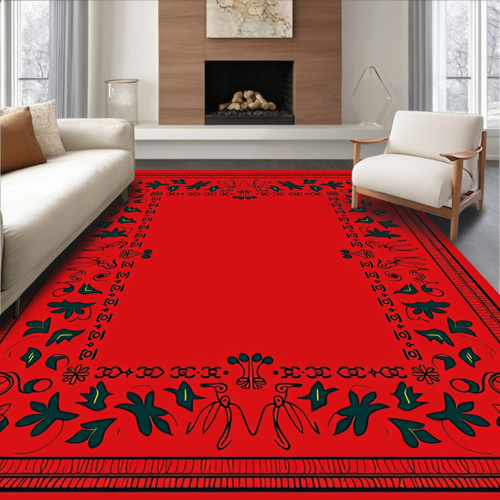 Crimson Abstract Leaf Border Rug