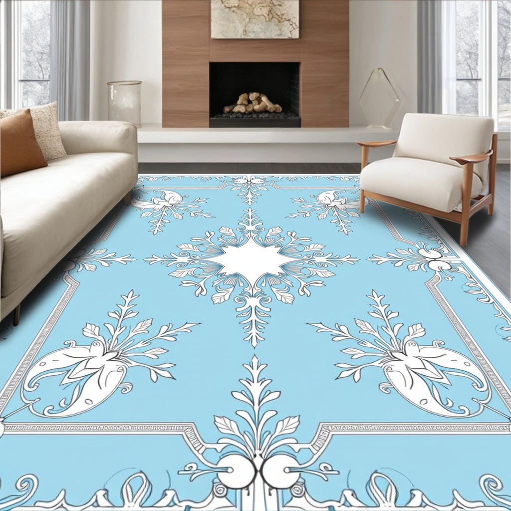 Pale Blue White Floral Scroll Surround Rug