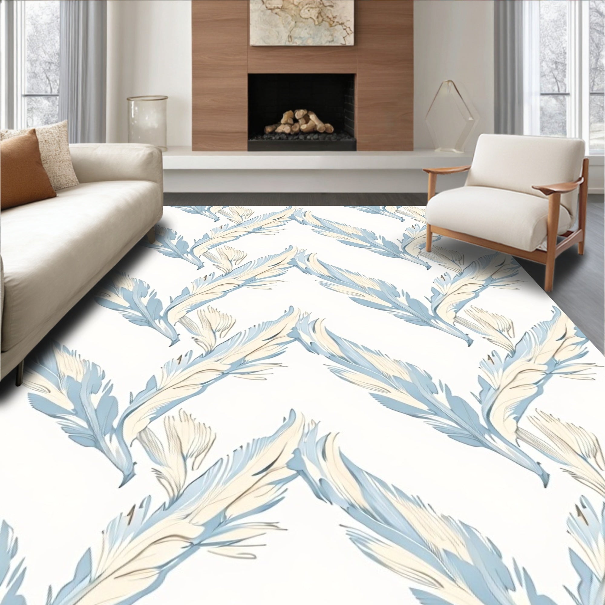 Soft Blue Feathered Whimsical Repeat Rug