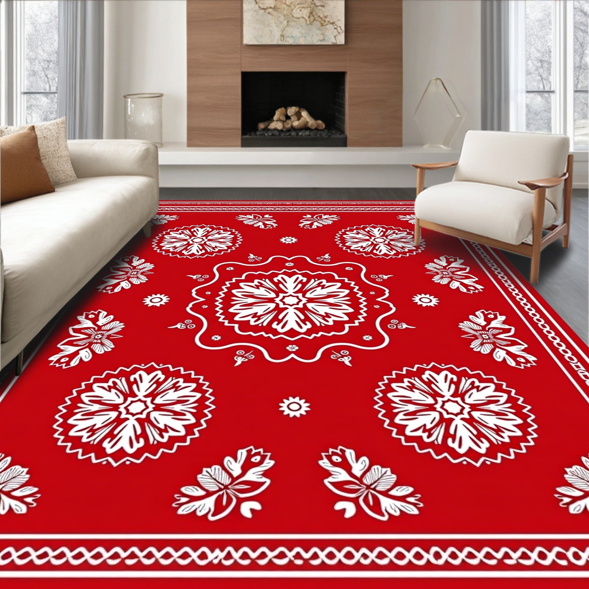 Bold Red Floral Mandala Medallion Rug