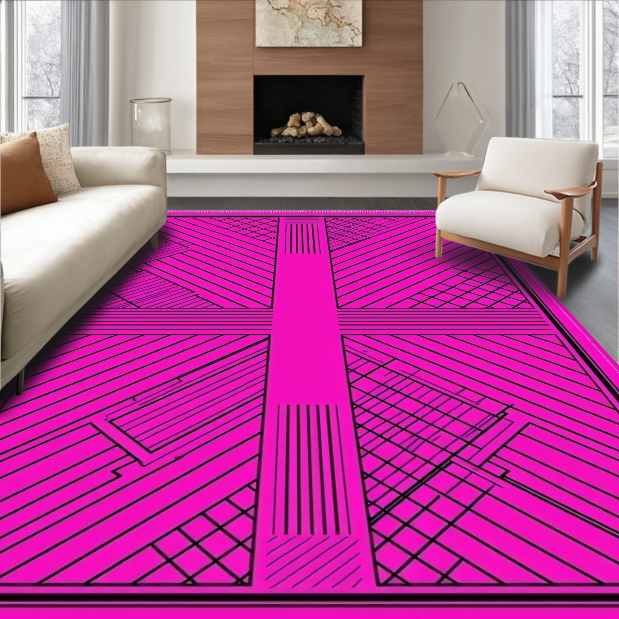 Hot Pink Geometric Abstract Lines Rug