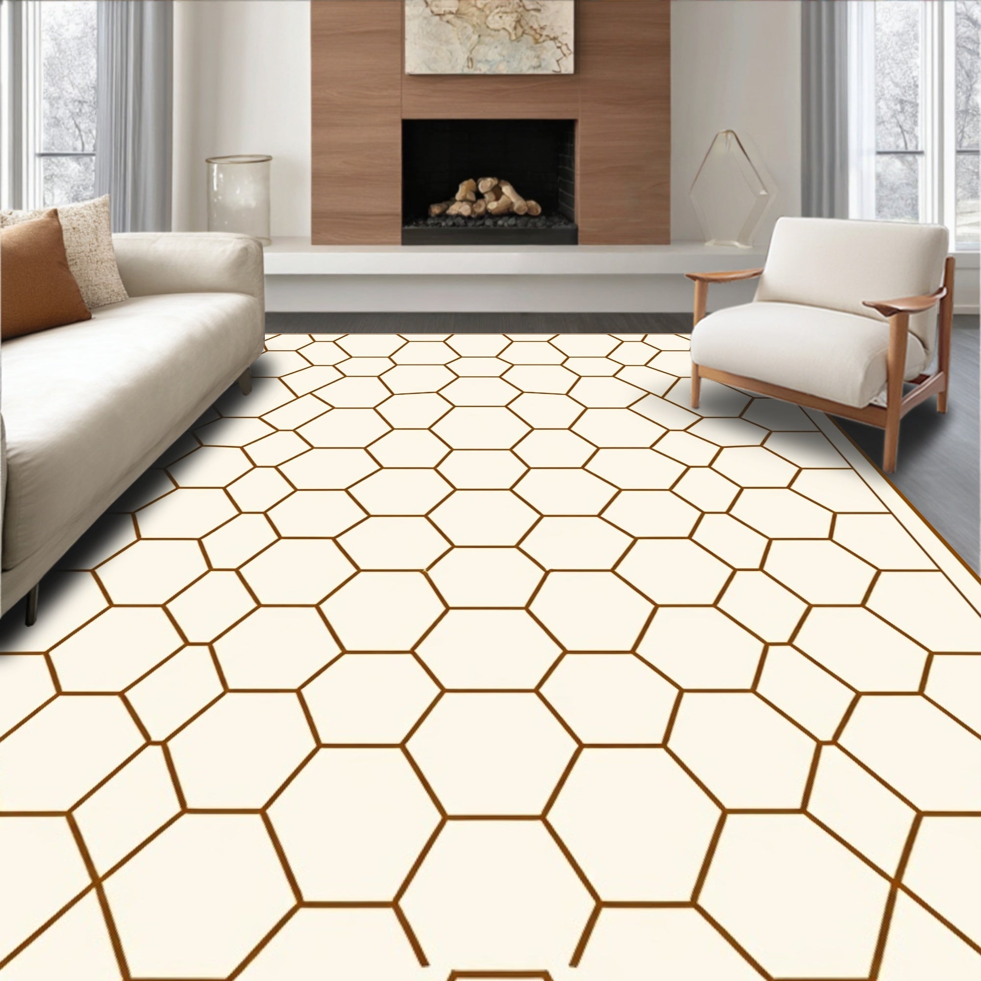 Brown Honeycomb Geometric Lattice Rug