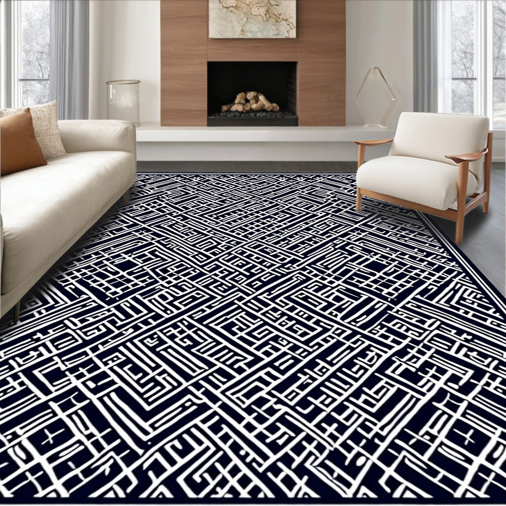 Deep Navy Labyrinthine Lines Rug