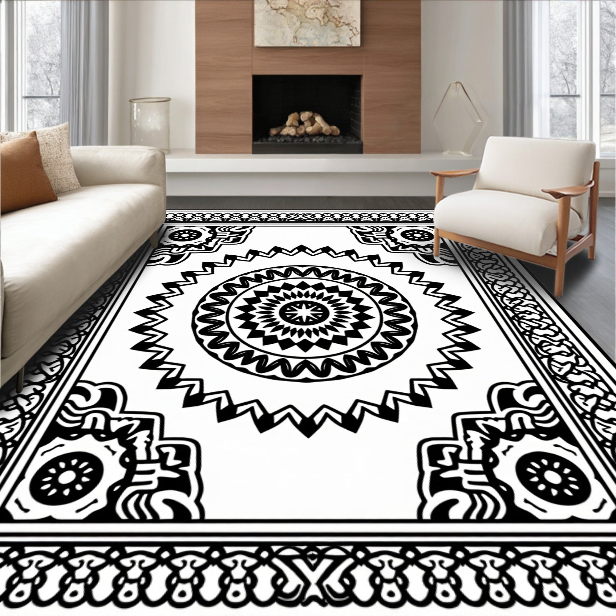 Mandala Sun Geometric Black White Rug