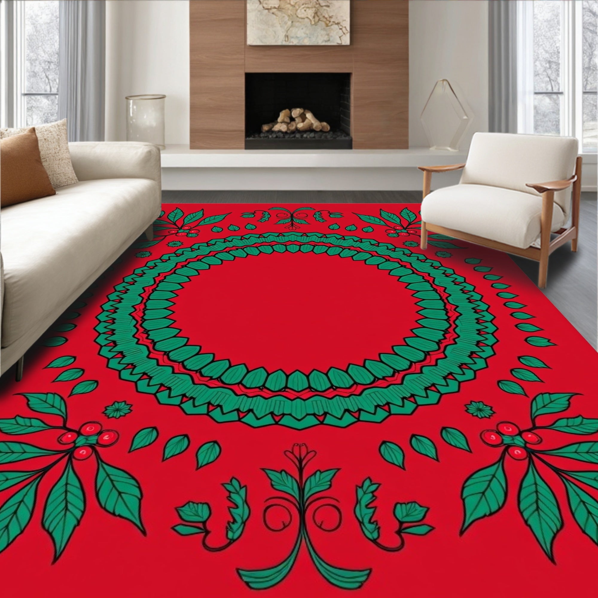 Crimson Green Botanical Mandalas Rug