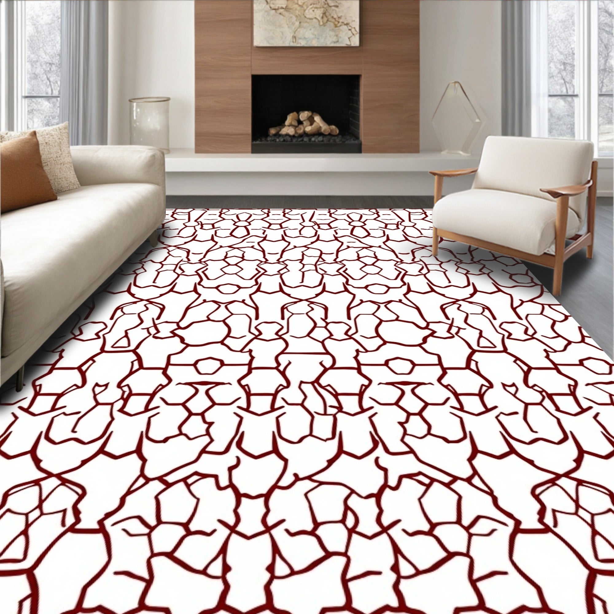 Deep Red Organic Geometric Art Rug