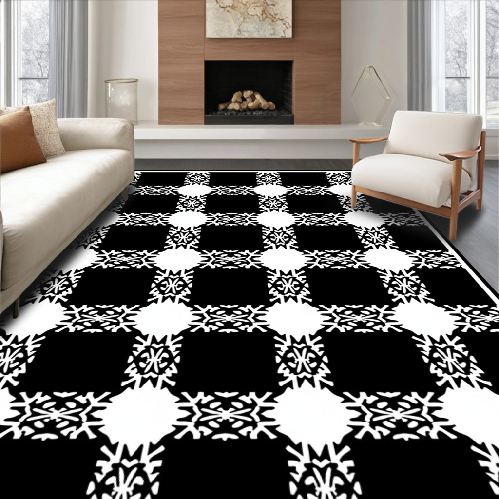 Black White Geometric Checkered Overlay Rug