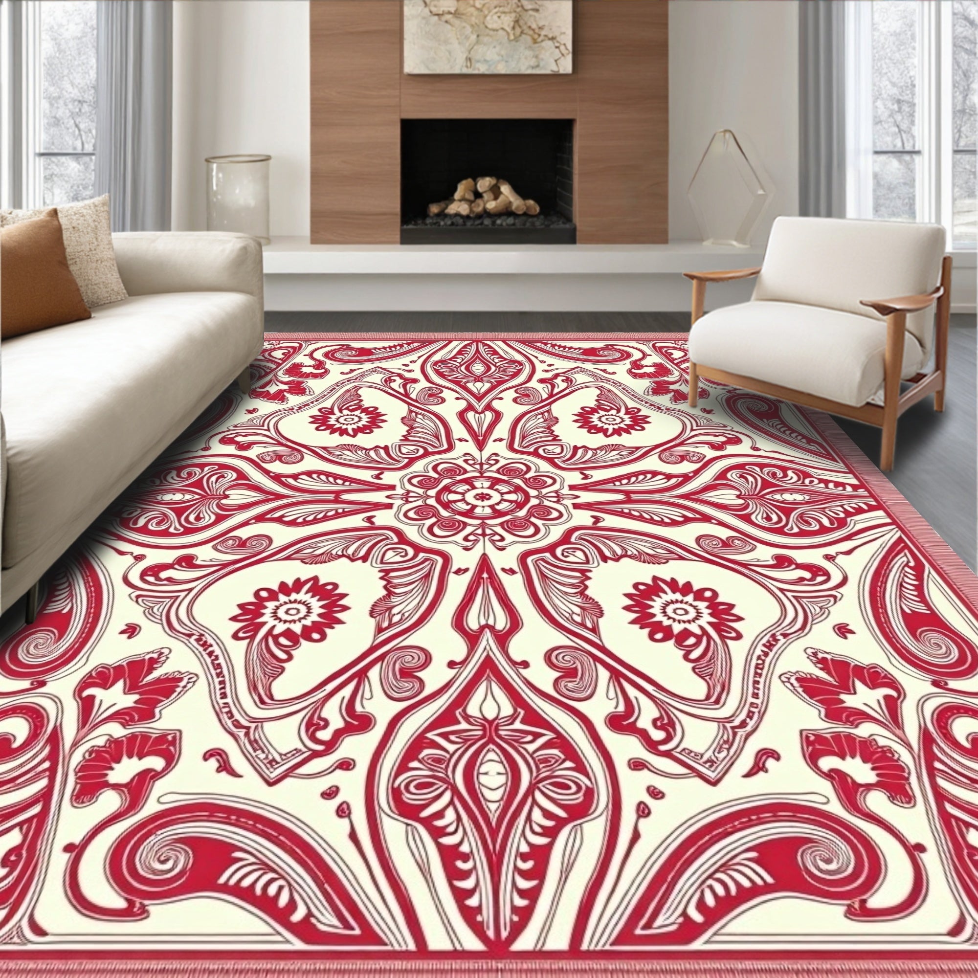 Crimson Floral Medallion Symmetry Rug