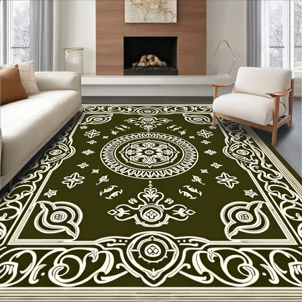 Olive Ivory Ornate Medallion Frame Rug