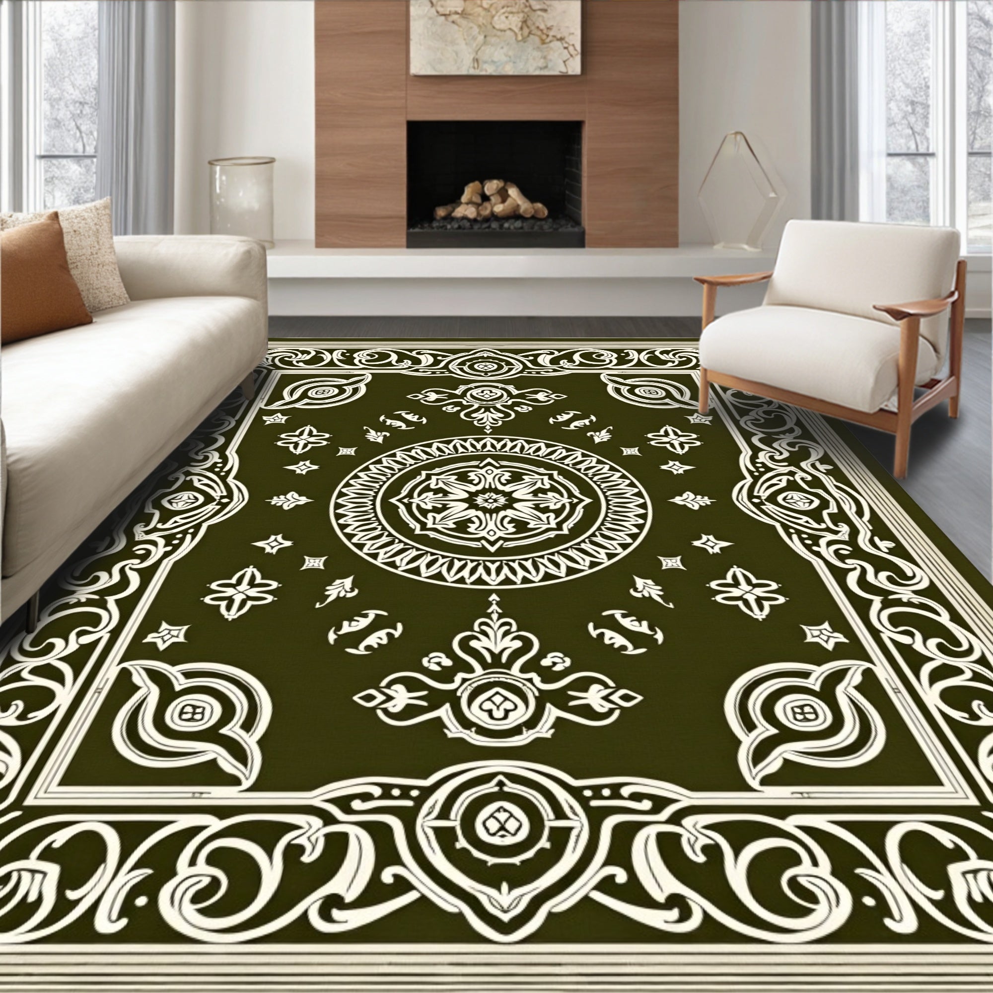 Olive Ivory Ornate Medallion Frame Rug