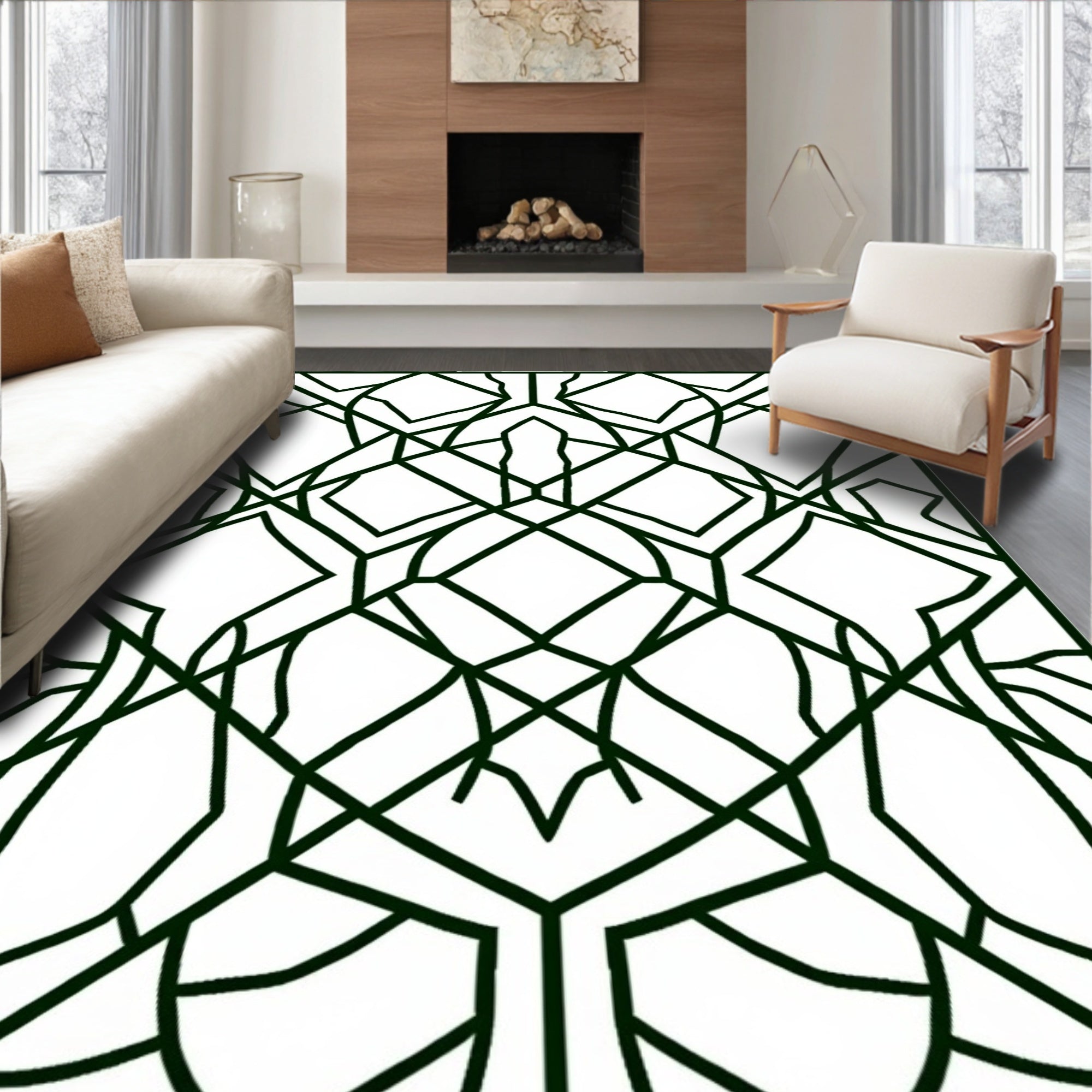 Deep Green Art Deco Geometric Lattice Rug
