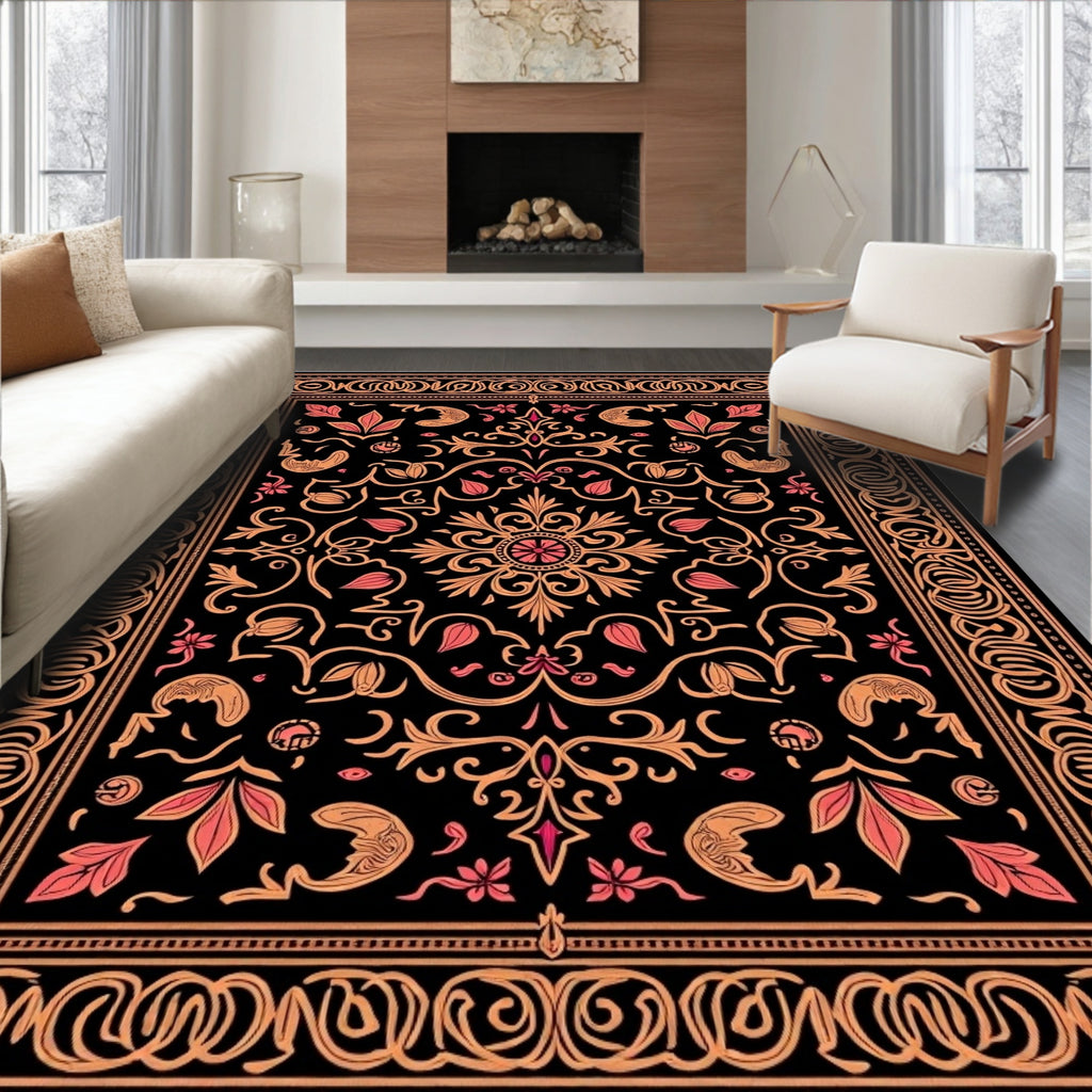 Ornate Coral Floral Black Jewel Rug