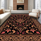 Ornate Coral Floral Black Jewel Rug
